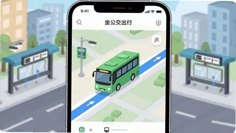 一款名为坐公交出行的手机应用主界面,画面中央展示实时公交地图,一辆绿色公交车图标行驶在蓝色线路上,背景是城市街道与公交站台,整体风格清新扁平化,适配Boogu模型生成