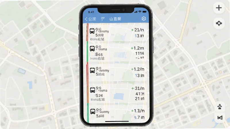 坐公交出行软件实时公交追踪界面截图风格,手机屏幕显示多条公交线路列表,每条线路旁有公交车图标与预计到站分钟数,背景为浅色城市地图,细节清晰,适配Boogu模型生成