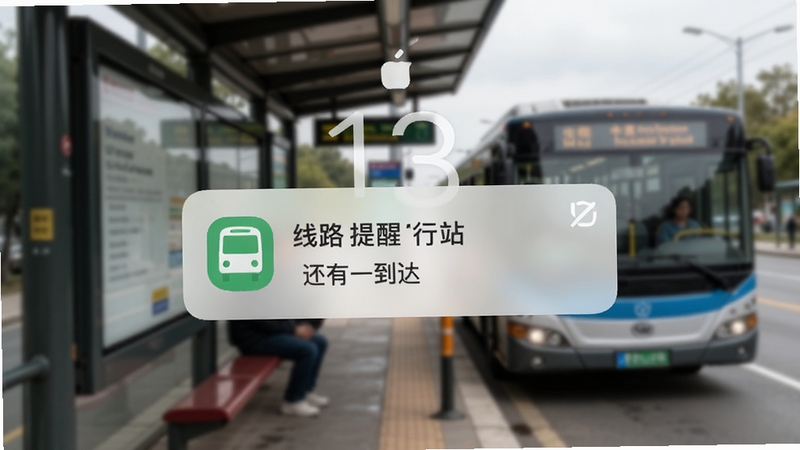坐公交出行到站提醒功能示意,手机锁屏界面弹出公交到站通知卡片,显示线路名称与还有一站到达,背景为公交站台实景虚化,适配Boogu模型生成