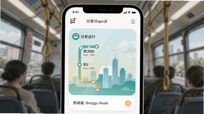 坐公交出行分享卡片界面,手机屏幕展示一张带有公交线路、到站时间与城市剪影的分享图,风格文艺清新,适配Boogu模型生成
