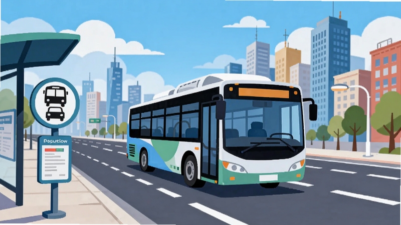 坐公交出行软件主界面全貌展示,画面中央是一辆现代化的城市公交车行驶在宽阔的城市主干道上,背景是蓝天白云与繁华的都市楼群,画面左下角有醒目的公交站牌,整体色调清新明亮,采用扁平化插画风格,细节丰富,适配Boogu模型生成。