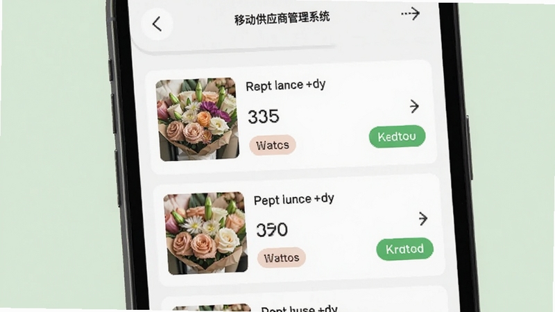 好香美移动供应商管理系统 订单管理界面特写,手机屏幕显示待处理订单列表,每笔订单带有鲜花缩略图、数量与状态标签,背景为柔和浅绿色,突出高效接单场景