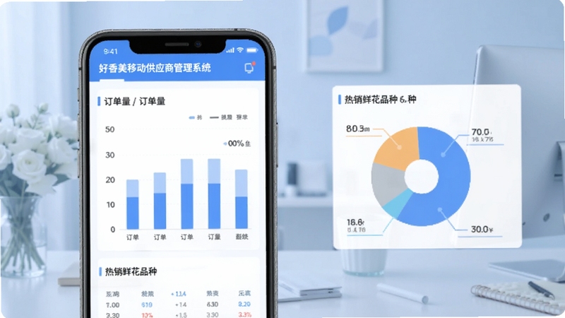好香美移动供应商管理系统 数据统计界面,手机屏幕显示柱状图与饼图,展示订单量与热销鲜花品种,背景为柔和蓝色商务风格