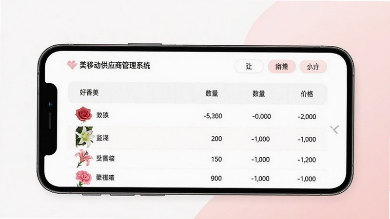 好香美移动供应商管理系统 库存管理界面,手机屏幕展示鲜花品类库存表格,包含玫瑰、百合、康乃馨等品种,数量与价格清晰可见,背景为淡雅白色与浅粉色调