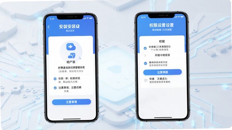 好香美移动供应商管理系统 移动端操作示意图,画面展示手机安装界面与权限设置页面,背景为浅色科技风格,突出安装步骤与注意事项