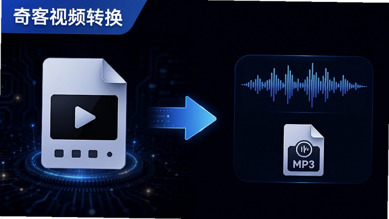 奇客视频转换音频提取功能示意图,画面左侧是一个视频文件,右侧分离出音频波形和MP3文件图标,中间有转换箭头,背景为深色科技风格,画面一角标注奇客视频转换,突出音视频分离能力