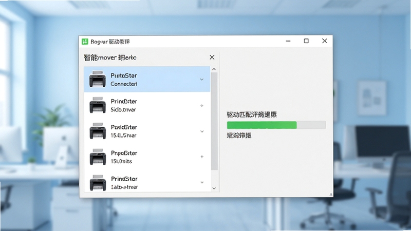 打印机驱动助手软件界面展示智能检测功能,画面中央为软件主窗口,左侧显示已连接打印机型号列表,右侧展示驱动匹配进度条,背景为浅蓝色渐变办公环境,整体风格简洁专业,适配Boogu模型生成。