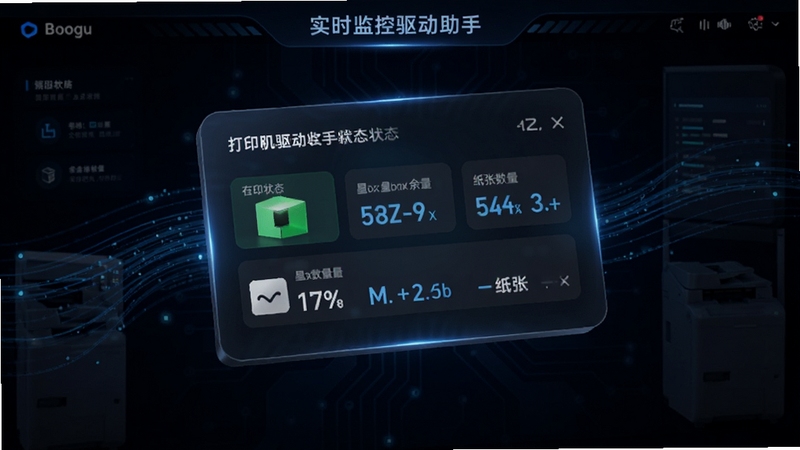 打印机驱动助手实时监控面板概念图,画面中央为悬浮式信息卡片,显示打印机在线状态墨盒余量和纸张数量,背景为深色科技感界面,有蓝色数据流动线条,适配Boogu模型生成。