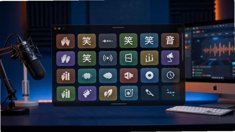 主持音效助手软件主界面全貌展示,画面中央为深色半透明音效面板,面板上整齐排列着掌声、笑声、出场音乐等彩色音效按钮,背景为现代简约风格的主播直播间环境,麦克风与电脑显示器位于画面两侧,整体色调以深蓝与亮橙为主,突出科技感与专业直播氛围,高清画质,细节丰富