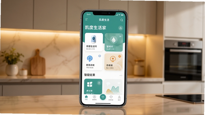 凯度生活家软件主界面预览图,画面中央展示一部智能手机,屏幕显示凯度生活家APP首页,包含设备卡片和智能菜单入口,背景为现代简约厨房场景,暖色调灯光,突出智能家居氛围