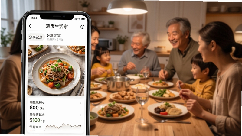 凯度生活家烹饪记录分享页面,画面中手机屏幕显示美食照片与烹饪数据,背景有温馨家庭聚餐场景,突出分享与记录功能