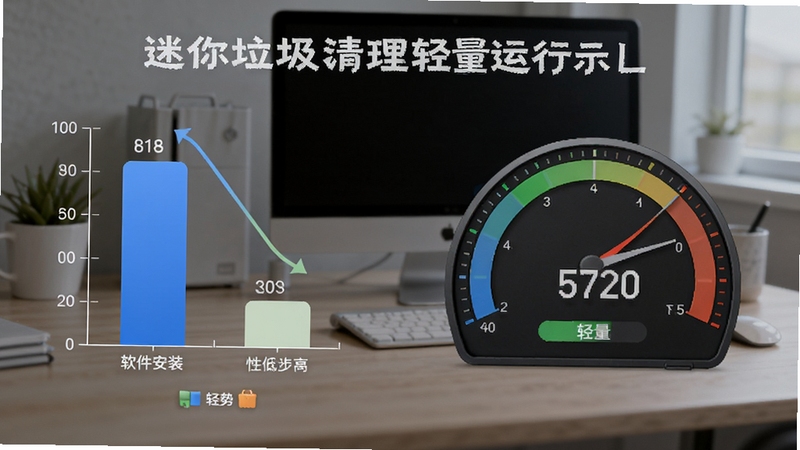 迷你垃圾清理轻量运行示意图,画面左侧为软件安装包体积对比柱状图,右侧为软件运行时的内存占用仪表盘显示极低数值,背景为简洁的办公桌面,突出轻量、快速、不占资源的产品优势