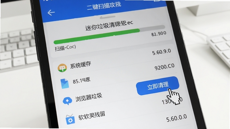 迷你垃圾清理一键扫描功能特写,画面中软件界面显示扫描进度条已接近完成,下方列出系统缓存、浏览器垃圾、软件残留等分类条目及对应文件大小,鼠标指针悬停在立即清理按钮上,背景为简洁的白色工作台,突出高效扫描与智能分类的产品特点