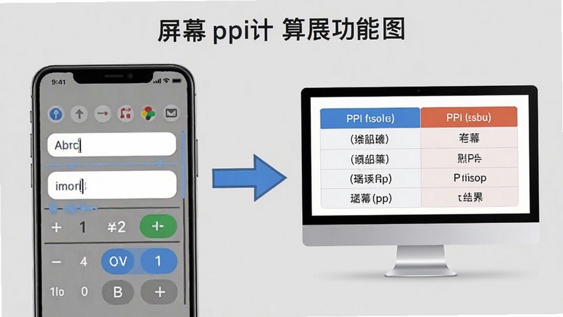 屏幕ppi计算器功能展示图,画面左侧为手机屏幕显示计算输入框,右侧为电脑显示器显示PPI结果对比表格,中间用箭头连接表示数据转换,背景为浅灰色极简风格,突出工具属性