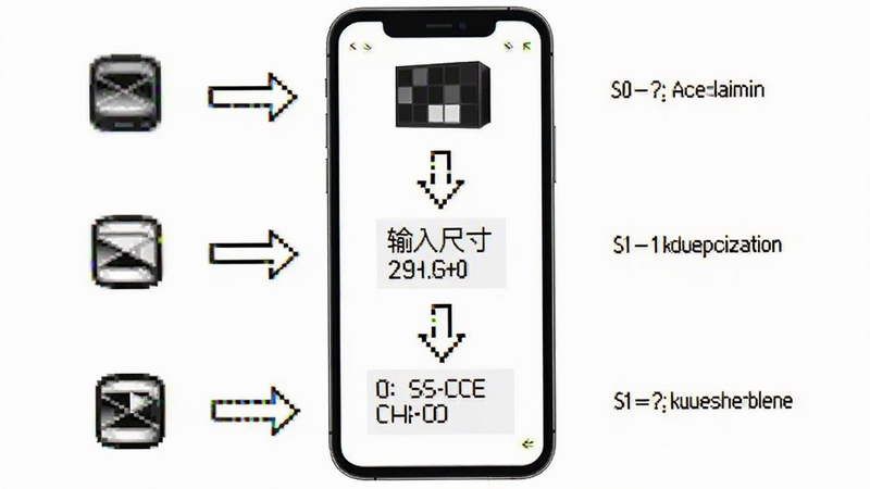 屏幕ppi计算器操作步骤示意图,画面展示一部手机屏幕从上到下依次为选择分辨率、输入尺寸、查看结果三个步骤,配以简洁图标与箭头引导,背景为白色清爽风格,适合教程配图