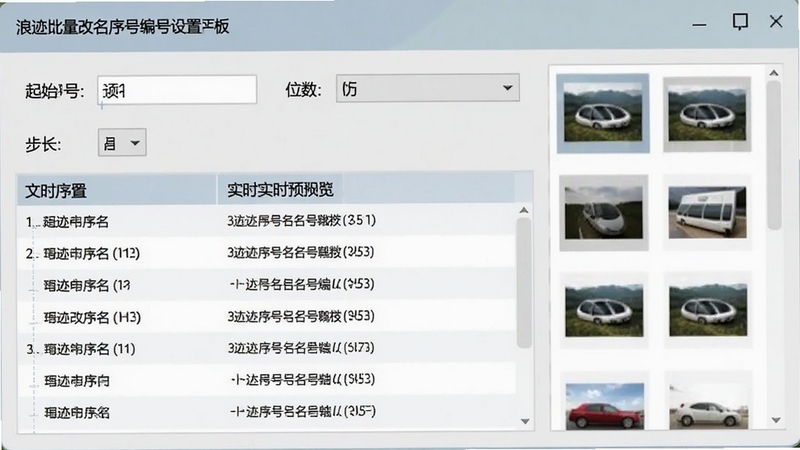 浪迹批量改名序号编号设置面板界面截图,展示起始序号输入框、位数选择下拉菜单、步长设置以及实时预览的文件名列表,画面右侧有文件缩略图辅助识别,整体界面布局工整,色调柔和,适合作为功能说明配图