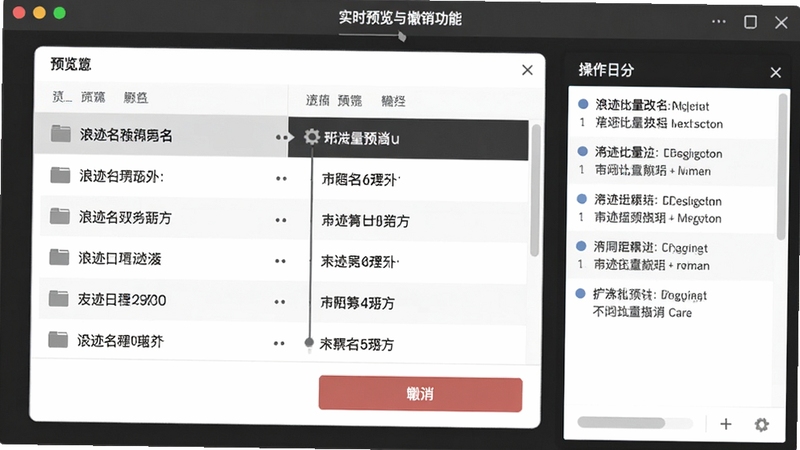 浪迹批量改名实时预览与撤销功能界面展示,画面突出显示预览列表与撤销按钮,文件名称前后对比清晰可见,界面右侧有操作日志面板,整体配色为深灰与白色搭配,突出专业工具属性