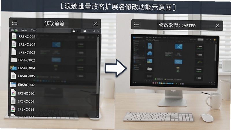 浪迹批量改名扩展名修改功能示意图,画面左侧为修改前的文件列表显示原始扩展名,右侧为修改后的预览效果,中间有箭头指示变化方向,界面元素清晰可辨,背景为浅色办公桌面,整体风格专业简洁