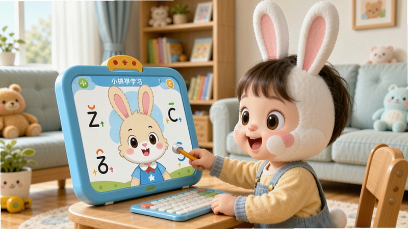 兔小贝拼音 儿童使用场景 卡通兔子 拼音学习 温馨家庭 明亮色调 兔小贝拼音 孩子学习画面 背景为客厅 高清 细节丰富