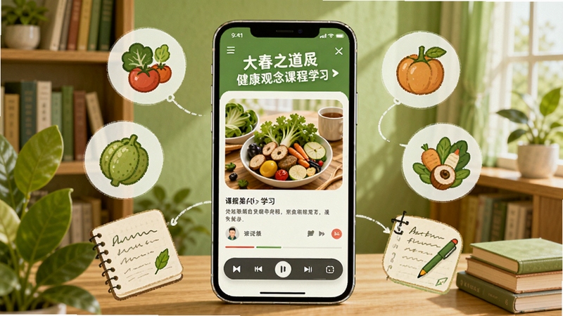 ��֮����������γ�ѧϰ���棬��������Ϊ�ֻ���Ļ��ʾ�γ̲���ҳ�棬��Ļ��Χ�����Ž���ʳ��ͼ����ʼǷ��ţ�����Ϊ�鷿������������ɫ�����廭���ϸ�ڷḻ