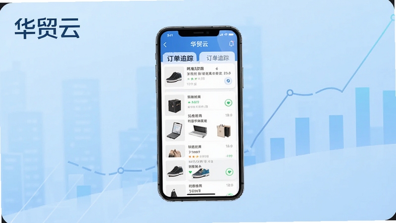 华贸云应用主界面展示,画面中央为手机屏幕内呈现的跨境商品列表与订单追踪卡片,背景区域为浅蓝色渐变商务风格,左上角有华贸云文字标识,整体构图简洁清晰,适配Boogu模型生成