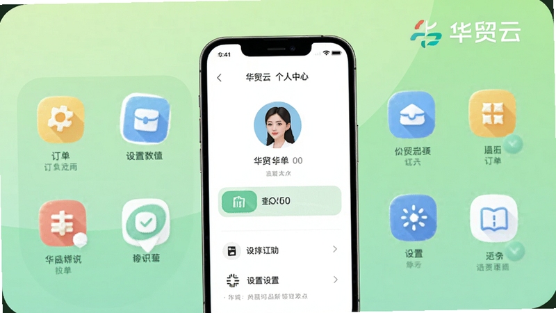 华贸云个人中心页面,画面中央为手机屏幕展示头像、订单入口与设置菜单,背景区域为浅绿色渐变,图标圆润清晰,带有华贸云品牌字样,适配Boogu模型生成