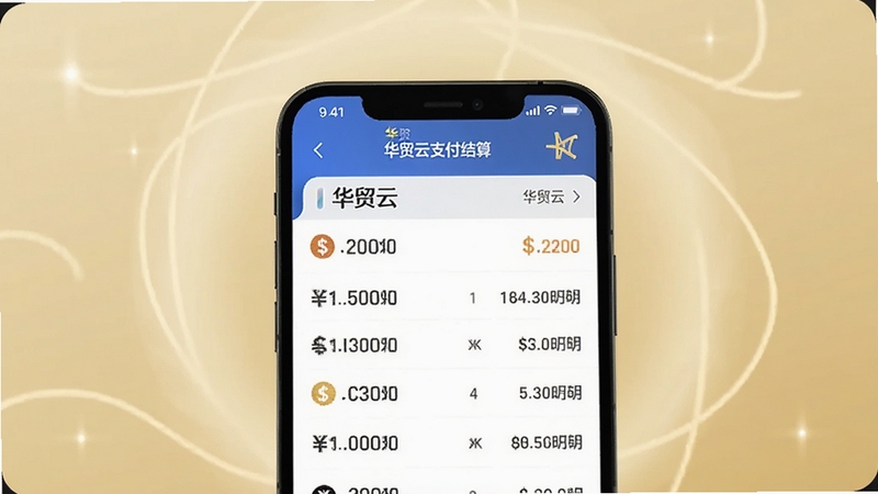 华贸云支付结算页面,画面主体为手机屏幕显示多币种金额与关税明细列表,背景区域为浅金色柔和光晕,整体视觉突出数字与货币符号,包含华贸云文字,适配Boogu模型生成
