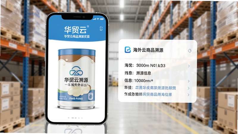 华贸云商品溯源页面,画面主体为手机屏幕显示奶粉罐与溯源信息卡片,背景区域有海外仓库货架虚化效果,画面色调明亮干净,突出华贸云品牌元素,适配Boogu模型生成