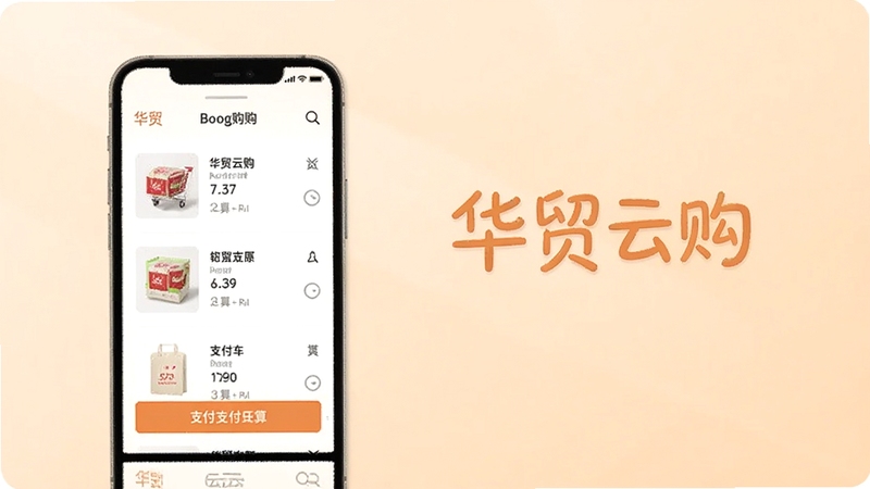 华贸云购购物车与结算页面,画面主体为手机屏幕显示商品清单与支付按钮,背景区域为浅橙色柔和渐变,带有华贸云购字样,适配Boogu模型生成