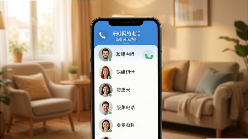 乐呼网络电话免费通话功能界面展示,手机屏幕中显示清晰通话按钮与联系人列表,背景为温馨居家环境,柔和光线,扁平化设计风格,细节丰富