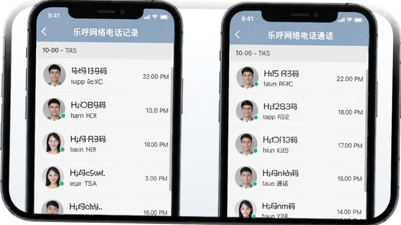乐呼网络电话通话记录管理界面,手机屏幕显示按时间排序的通话列表,包含头像、号码、通话时长,背景为淡灰色极简风格,清晰易读
