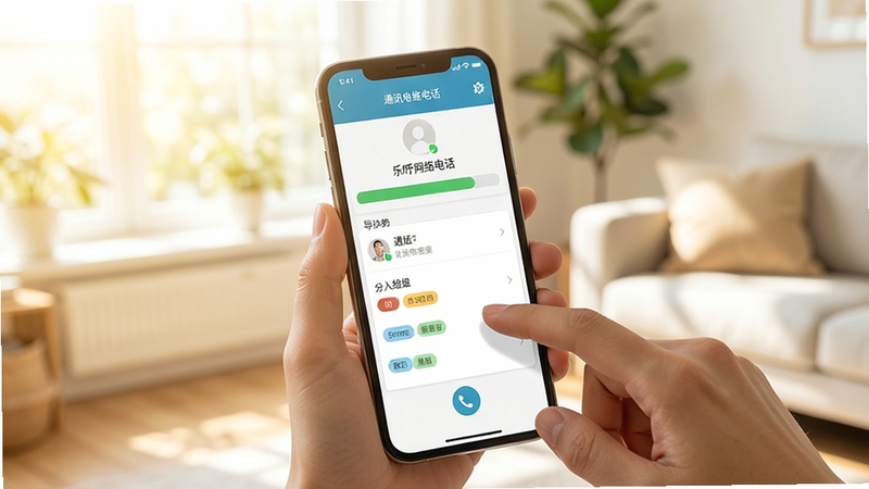 乐呼网络电话联系人导入功能展示,手机屏幕显示通讯录导入进度与分组标签,手指轻触屏幕,背景为明亮室内环境,温馨自然