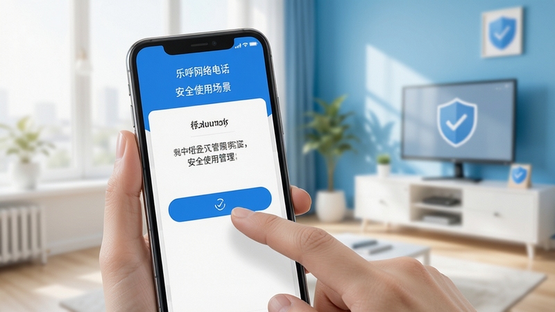 乐呼网络电话安全使用场景,手机屏幕显示权限管理界面,用户手指轻触授权按钮,背景为明亮室内,简洁安全风格,蓝白配色