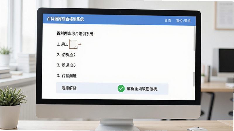 电脑屏幕上显示百科题库综合培训系统的答题界面,一道选择题下方有四个选项,选中的选项旁显示绿色对勾和简短解析文字,整体画面明亮清晰