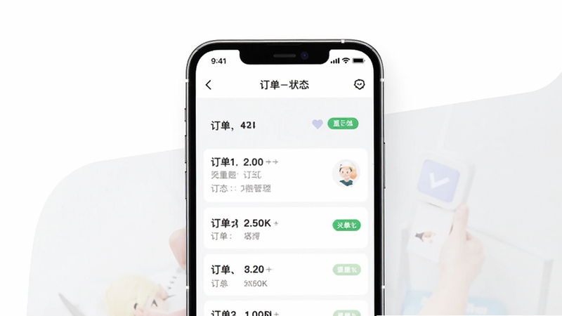 精侍陪护应用内订单管理页面示意图,画面主体为手机屏幕中显示的订单列表与状态标签,背景区域为白色与浅灰色搭配的简洁界面,突出订单跟踪功能的实用性