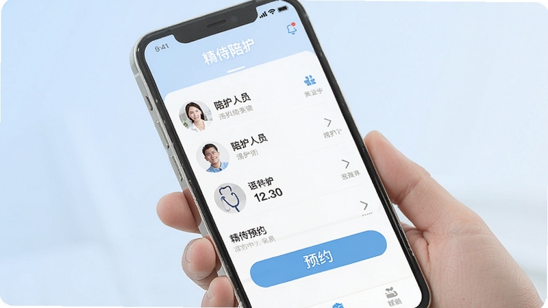 一款名为精侍陪护的手机应用界面展示图,画面主体为手机屏幕中显示的陪护人员列表与预约按钮,背景区域为柔和的浅蓝色渐变,整体风格简洁专业,适配医疗健康类App视觉调性
