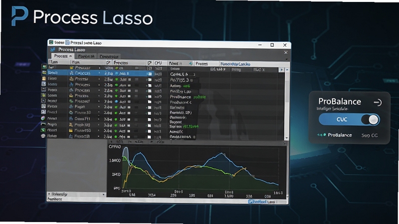 Process Lasso ����������ȫ��չʾ�����������ǽ����б���CPUռ������ͼ������Ϊ��ɫ�Ƽ��н��䣬���Ͻ���ʾProcess Lasso��־���Ҳ�����ProBalance���ܵ��ȿ��أ���������רҵ���ʺ���������վԤ��ͼ