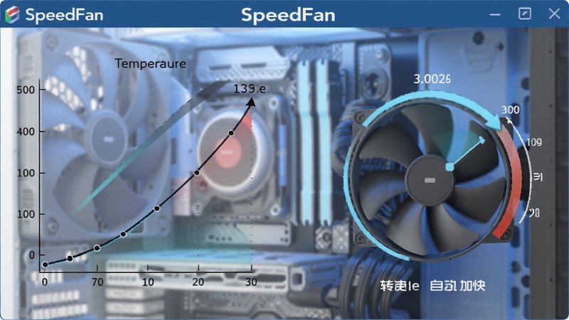 SpeedFan 智能风扇调速功能示意图,画面左侧显示温度曲线上升,右侧对应风扇转速自动加快,背景为电脑机箱内部风扇特写,柔和蓝光渲染,突出 SpeedFan 软件名称与自动调节逻辑