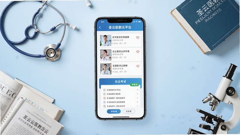 �������ʥ��ҽ����ƽ̨���Ĺ��ܵĻ��棬��������չʾһ�������ֻ��������ã���Ļ�ڳ���ҽѧ�γ��б��뿼�Խ��棬��������Ϊ��͵�ǳ��ɫ���䣬���ܵ�׺��������ҽѧ�鼮����΢����Ԫ�أ���������רҵ���������Ϊ16:9������ϸ�ڣ��ʺ���Ϊ��������վͷͼʹ��