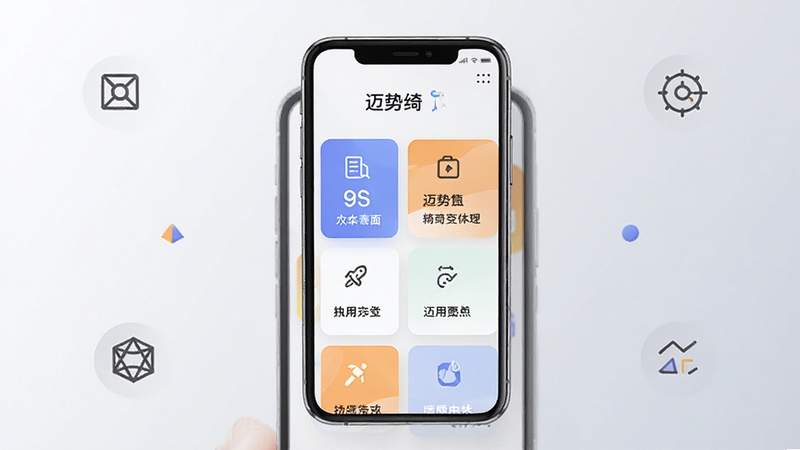 迈势绮应用主界面全貌展示,画面中央为手机屏幕内呈现清晰的功能卡片布局,背景为浅灰色渐变,四周点缀简洁的几何图标,整体风格现代清爽,突出软件名称迈势绮