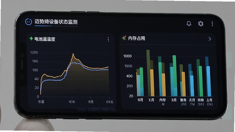 迈势绮设备状态监测页面,手机屏幕显示电池温度曲线和内存占用柱状图,背景为深色护眼模式,数据清晰可读