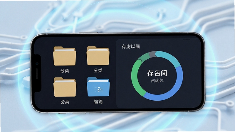 迈势绮智能文件整理功能界面,手机屏幕显示分类清晰的文件夹图标和存储空间占用环形图,背景为淡蓝色科技感光晕,画面干净整洁