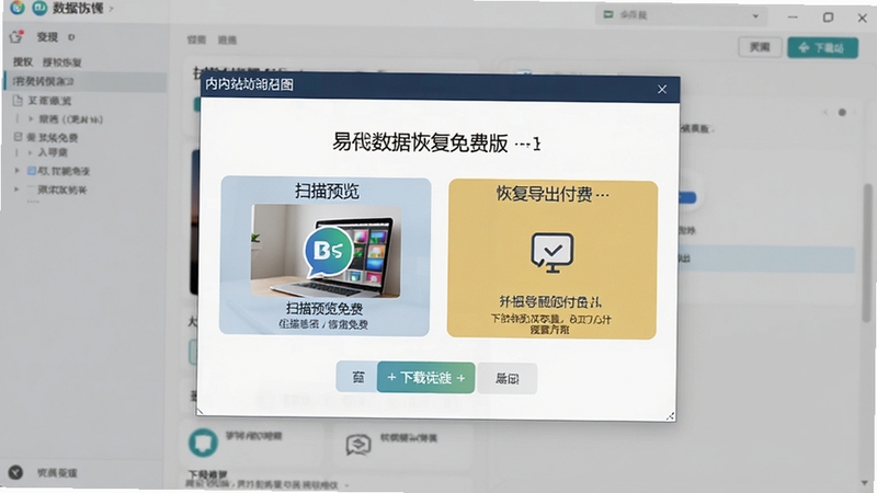 易我数据恢复免费版与会员版功能对比界面,画面主体为软件内授权选择弹窗,背景为浅色工作区,清晰展示扫描预览免费与恢复导出付费的权益区分,适配下载站说明配图
