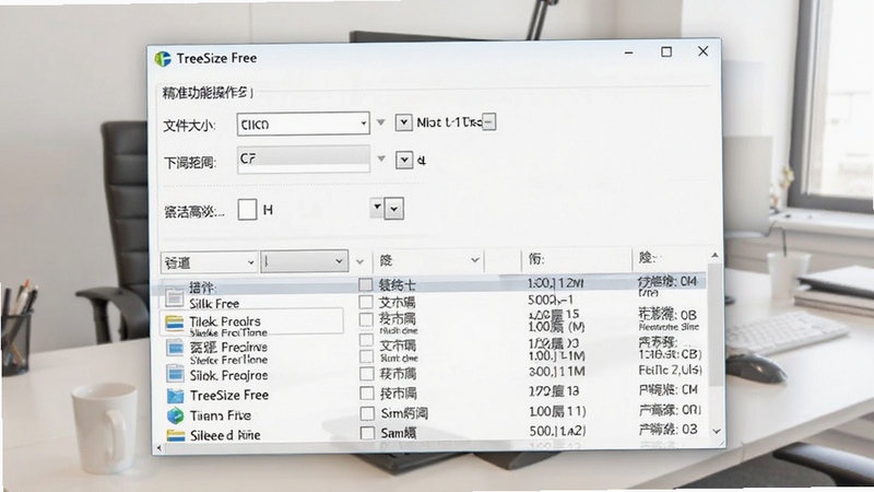 TreeSize Free 筛选功能操作界面,画面展示软件窗口中的筛选条件设置面板,包含文件大小范围、时间范围等选项,下方为筛选后的结果列表,背景为浅色办公环境,突出精准查找功能