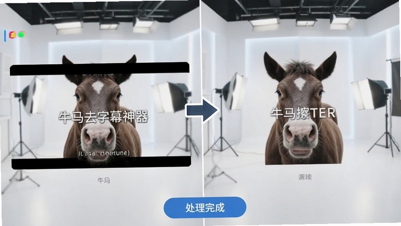 牛马去字幕神器一键擦除字幕前后对比效果图,画面左侧为带字幕视频截图,右侧为擦除后干净画面,中间用箭头连接,背景为明亮工作室风格,界面底部显示处理完成按钮