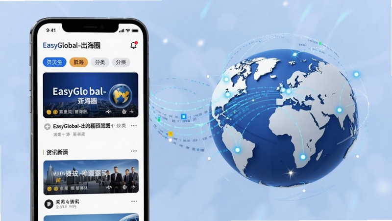 为EasyGlobal-出海圈设计一张资讯聚合功能展示图,画面左侧是手机屏幕显示资讯列表,右侧是地球与数据流线条连接各大洲,屏幕上有醒目的新闻卡片和分类标签,整体色调为蓝白商务风,细节清晰,适配Boogu模型生成,图片alt属性为EasyGlobal-出海圈预览图