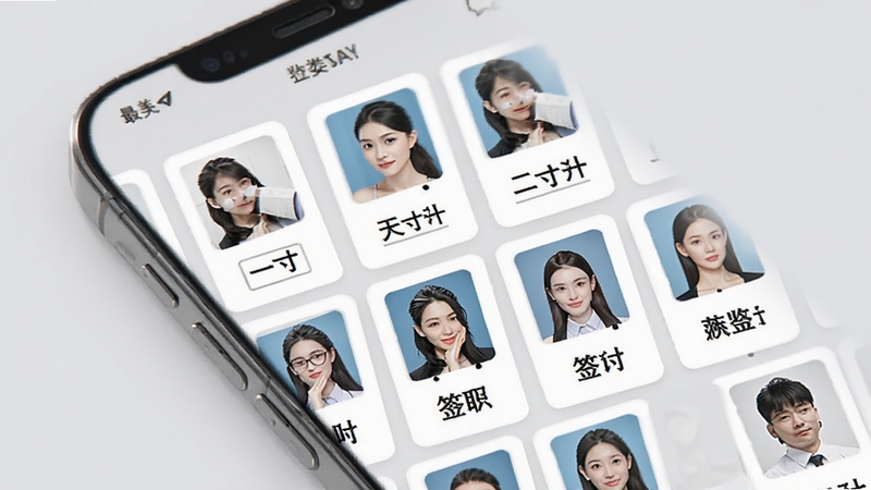 最美AI智能证件照尺寸模板选择界面,画面展示手机屏幕中排列整齐的证件照规格卡片,包含一寸二寸护照签证等标签,背景为淡灰色简洁风格,突出模板丰富性与分类清晰度