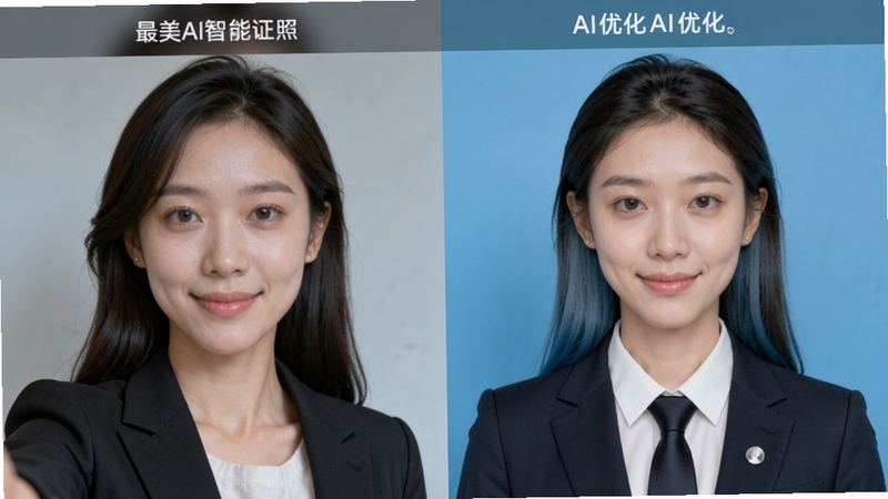 最美AI智能证件照美颜与换装功能展示,画面左侧为原始自拍照,右侧为经过AI优化并换上正装后的证件照效果,人物面部自然清晰,服装整洁得体,背景为纯色