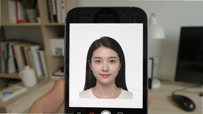 最美AI智能证件照智能抠图功能演示,画面展示手机屏幕中人物证件照背景从杂乱环境变为纯白色背景的过程,人物边缘清晰自然,背景干净整洁,突出AI智能抠图精准度