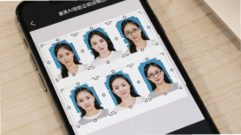 最美AI智能证件照排版输出界面,画面展示手机屏幕中六寸相纸上整齐排列的多张一寸证件照,带有裁剪辅助线,背景为浅色桌面,突出排版功能实用性